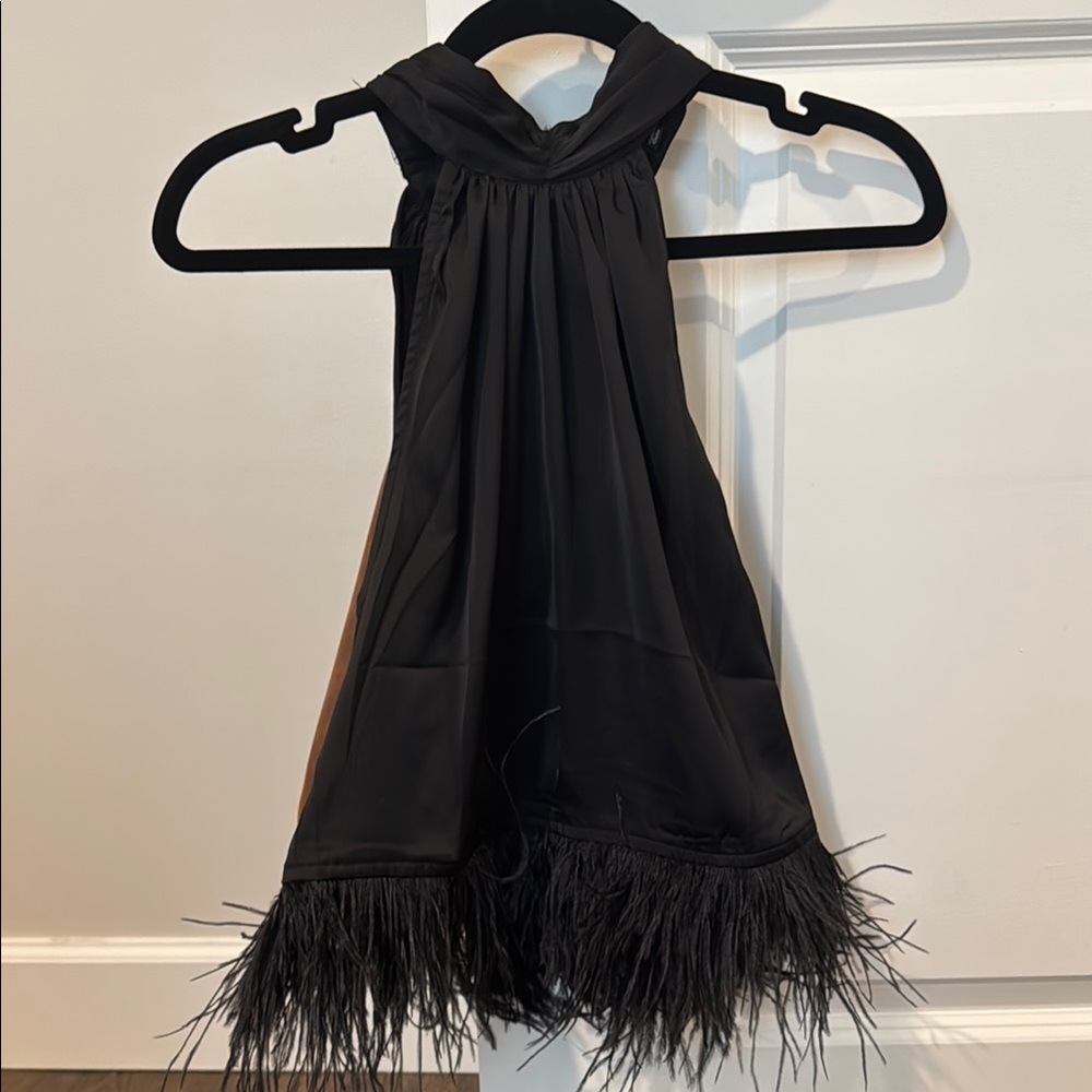 Elegant Black Halter Top with Feather Trim